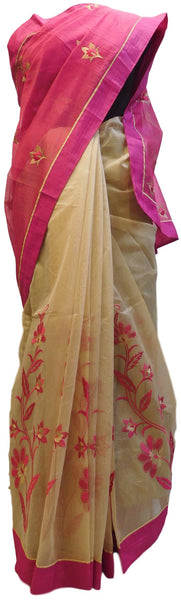 Pink & Beige Designer PartyWear Pure Supernet (Cotton) Thread Work Saree Sari With Pink Taping