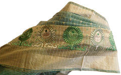 Green & Beige Designer PartyWear Pure Supernet (Cotton) Thread Work Saree Sari