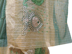Green & Beige Designer PartyWear Pure Supernet (Cotton) Thread Work Saree Sari