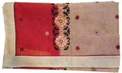 Cream & Red Designer PartyWear Pure Supernet (Cotton) Thread Work Saree Sari With Cream Taping