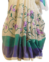 Beige Designer PartyWear Pure Supernet (Cotton) Thread Work Saree Sari