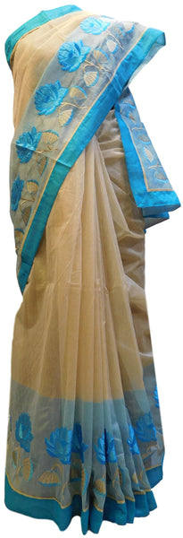 Beige & Blue Designer PartyWear Pure Supernet (Cotton) Thread Work Saree Sari