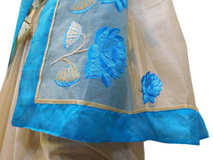 Beige & Blue Designer PartyWear Pure Supernet (Cotton) Thread Work Saree Sari