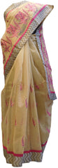 Beige Designer PartyWear Pure Supernet (Cotton) Thread Work Saree Sari With Grey Taping