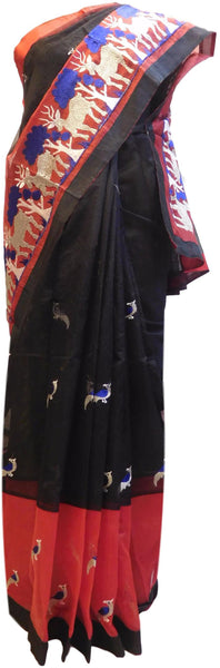 Black & Red Designer PartyWear Pure Supernet (Cotton) Thread Work Saree Sari