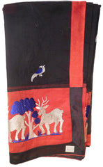 Black & Red Designer PartyWear Pure Supernet (Cotton) Thread Work Saree Sari