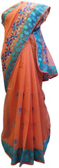 Peach Designer PartyWear Pure Supernet (Cotton) Thread Work Saree Sari