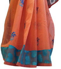 Peach Designer PartyWear Pure Supernet (Cotton) Thread Work Saree Sari