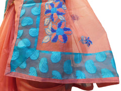 Peach Designer PartyWear Pure Supernet (Cotton) Thread Work Saree Sari