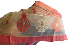 Beige & Peach Designer PartyWear Pure Supernet (Cotton) Thread Work Saree Sari
