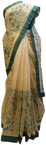Beige Designer PartyWear Pure Supernet (Cotton) Thread Work Saree Sari With Green Taping