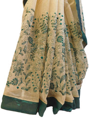 Beige Designer PartyWear Pure Supernet (Cotton) Thread Work Saree Sari With Green Taping