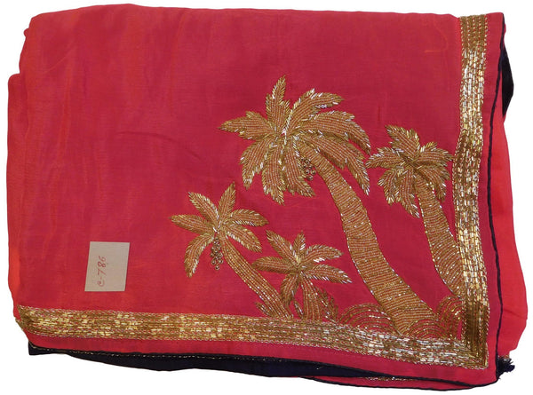 Pink Designer Bridal Crepe (Chinon) Hand Embroidery Zari Cutdana Beads Bullion Work Wedding Saree Sari