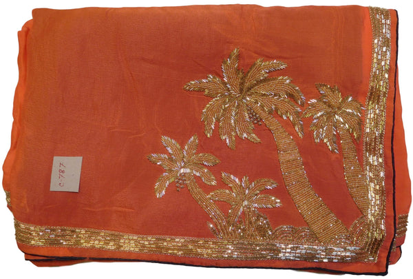 Peach Designer Bridal Crepe (Chinon) Hand Embroidery Zari Cutdana Beads Bullion Work Wedding Saree Sari