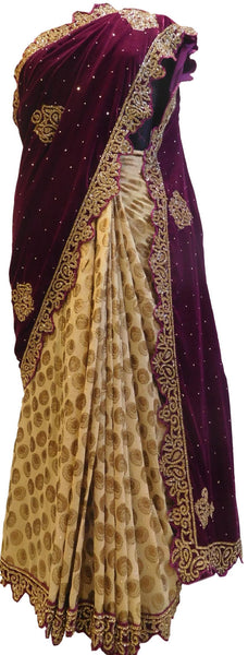 Wine & Cream Designer Wedding Partywear Velvet & Georgette Cutdana Stone Hand Embroidery CutWork Border Bridal Saree Sari