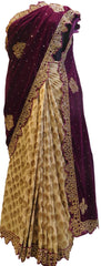Wine & Cream Designer Wedding Partywear Velvet & Georgette Cutdana Stone Hand Embroidery CutWork Border Bridal Saree Sari