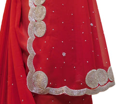 Red Designer PartyWear Georgette Thread Cutdana Stone Work Saree Sari
