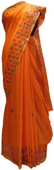 Orange Designer PartyWear Crepe (Chinon) Thread Mirror Work Saree Sari