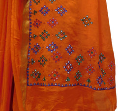 Orange Designer PartyWear Crepe (Chinon) Thread Mirror Work Saree Sari