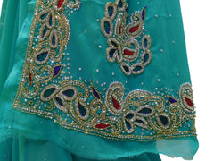 Turquoise Designer Wedding Partywear Georgette Cutdana Thread Stone Hand Embroidery Work Bridal Saree Sari