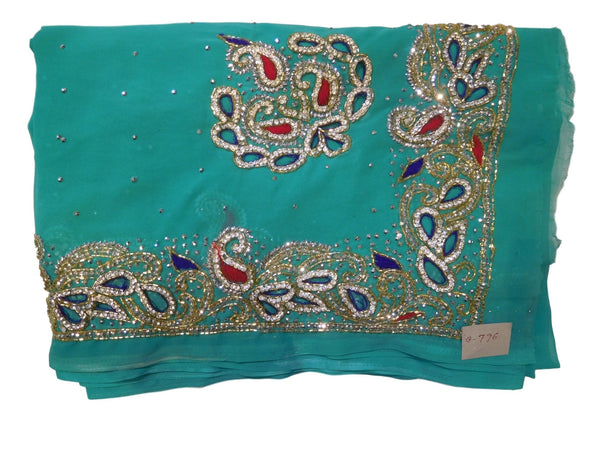 Turquoise Designer Wedding Partywear Georgette Cutdana Thread Stone Hand Embroidery Work Bridal Saree Sari