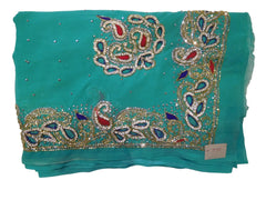 Turquoise Designer Wedding Partywear Georgette Cutdana Thread Stone Hand Embroidery Work Bridal Saree Sari
