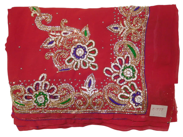 Red Designer Wedding Partywear Georgette Cutdana Thread Stone Hand Embroidery Work Bridal Saree Sari