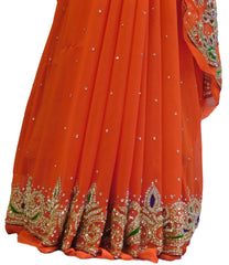 Orange Designer Wedding Partywear Georgette Cutdana Thread Stone Hand Embroidery Work Bridal Saree Sari
