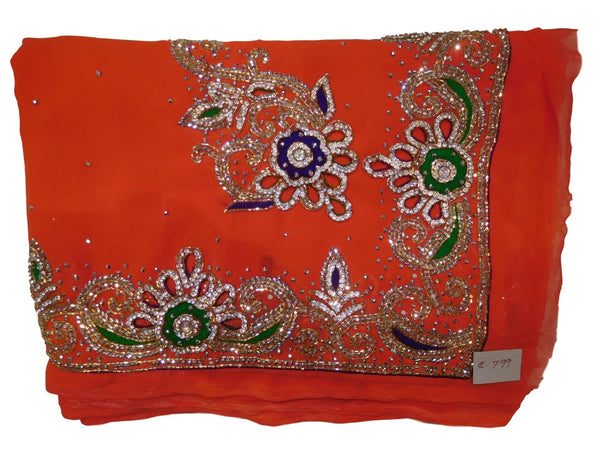 Orange Designer Wedding Partywear Georgette Cutdana Thread Stone Hand Embroidery Work Bridal Saree Sari