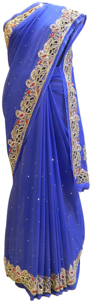 Blue Designer Wedding Partywear Georgette Cutdana Thread Stone Hand Embroidery Work Bridal Saree Sari