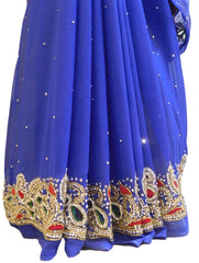 Blue Designer Wedding Partywear Georgette Cutdana Thread Stone Hand Embroidery Work Bridal Saree Sari