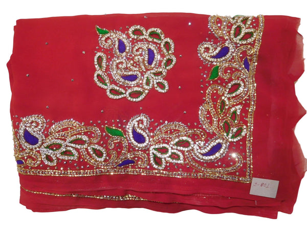 Red Designer Wedding Partywear Georgette Cutdana Thread Stone Hand Embroidery Work Bridal Saree Sari