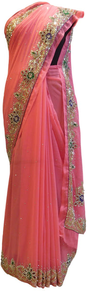 Pink Designer Wedding Partywear Georgette Cutdana Thread Stone Hand Embroidery Work Bridal Saree Sari