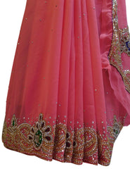 Pink Designer Wedding Partywear Georgette Cutdana Thread Stone Hand Embroidery Work Bridal Saree Sari