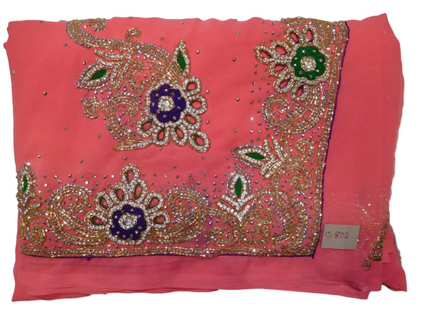Pink Designer Wedding Partywear Georgette Cutdana Thread Stone Hand Embroidery Work Bridal Saree Sari