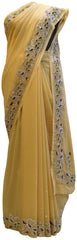 Beige Designer Wedding Partywear Georgette Cutdana Thread Stone Hand Embroidery Work Bridal Saree Sari