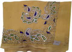 Beige Designer Wedding Partywear Georgette Cutdana Thread Stone Hand Embroidery Work Bridal Saree Sari