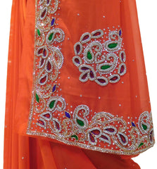 Orange Designer Wedding Partywear Georgette Cutdana Thread Stone Hand Embroidery Work Bridal Saree Sari
