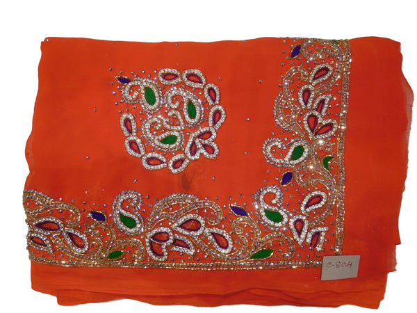 Orange Designer Wedding Partywear Georgette Cutdana Thread Stone Hand Embroidery Work Bridal Saree Sari