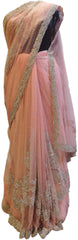 Pink Designer Wedding Partywear Net Bullion Sequence Stone Hand Embroidery CutWork Border Bridal Saree Sari