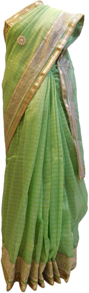 Green Designer PartyWear Pure Supernet (Cotton) Green Designer PartyWear Pure Supernet (Cotton) Zari Pearl Gota Bullion Beads Work Saree Sari