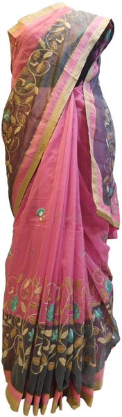 Pink & Grey Designer PartyWear Pure Supernet (Cotton) Thread Work Saree Sari With Pink & Beige Border