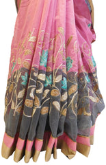 Pink & Grey Designer PartyWear Pure Supernet (Cotton) Thread Work Saree Sari With Pink & Beige Border