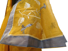 Yellow Designer PartyWear Pure Supernet (Cotton) Thread Work Saree Sari With Grey Border