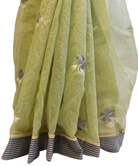Green Designer PartyWear Pure Supernet (Cotton) Thread Work Saree Sari With Grey Border
