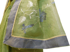 Green Designer PartyWear Pure Supernet (Cotton) Thread Work Saree Sari With Grey Border
