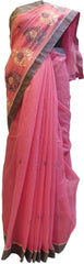 Pink Designer PartyWear Pure Supernet (Cotton) Thread Work Saree Sari With Grey Border