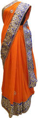 Bollywood Style Orange Georgette (Viscos) Gota Zari Stone Pearl Work Saree With Blue Border & Pearl Lace Sari