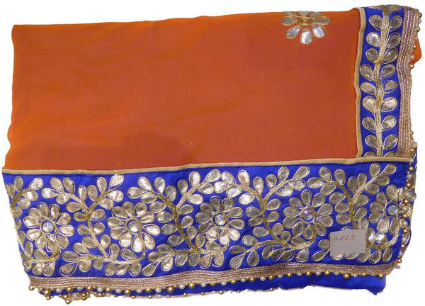 Bollywood Style Orange Georgette (Viscos) Gota Zari Stone Pearl Work Saree With Blue Border & Pearl Lace Sari