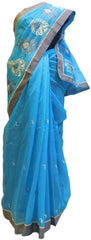 Blue Designer PartyWear Pure Supernet (Cotton) Thread Work Saree Sari With Grey Border